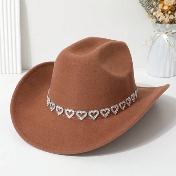 Light Brown Cowgirl Cowboy Hat Rhinestone Heart Band Rodeo Western Country - Picture 1 of 7